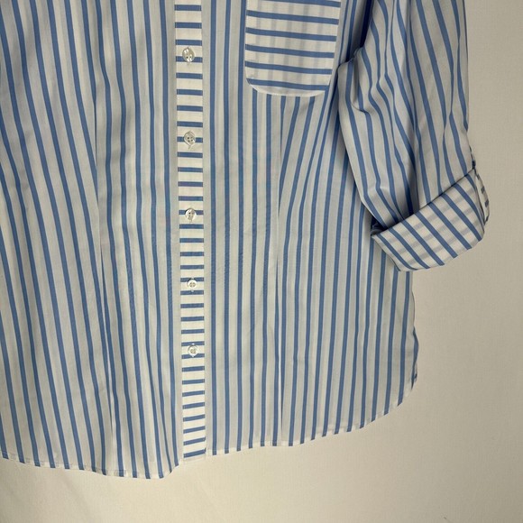Chicos NO-IRON Button Up Shirt Blouse Size Medium Roll Sleeve Tap Cotton Striped - Picture 4 of 8